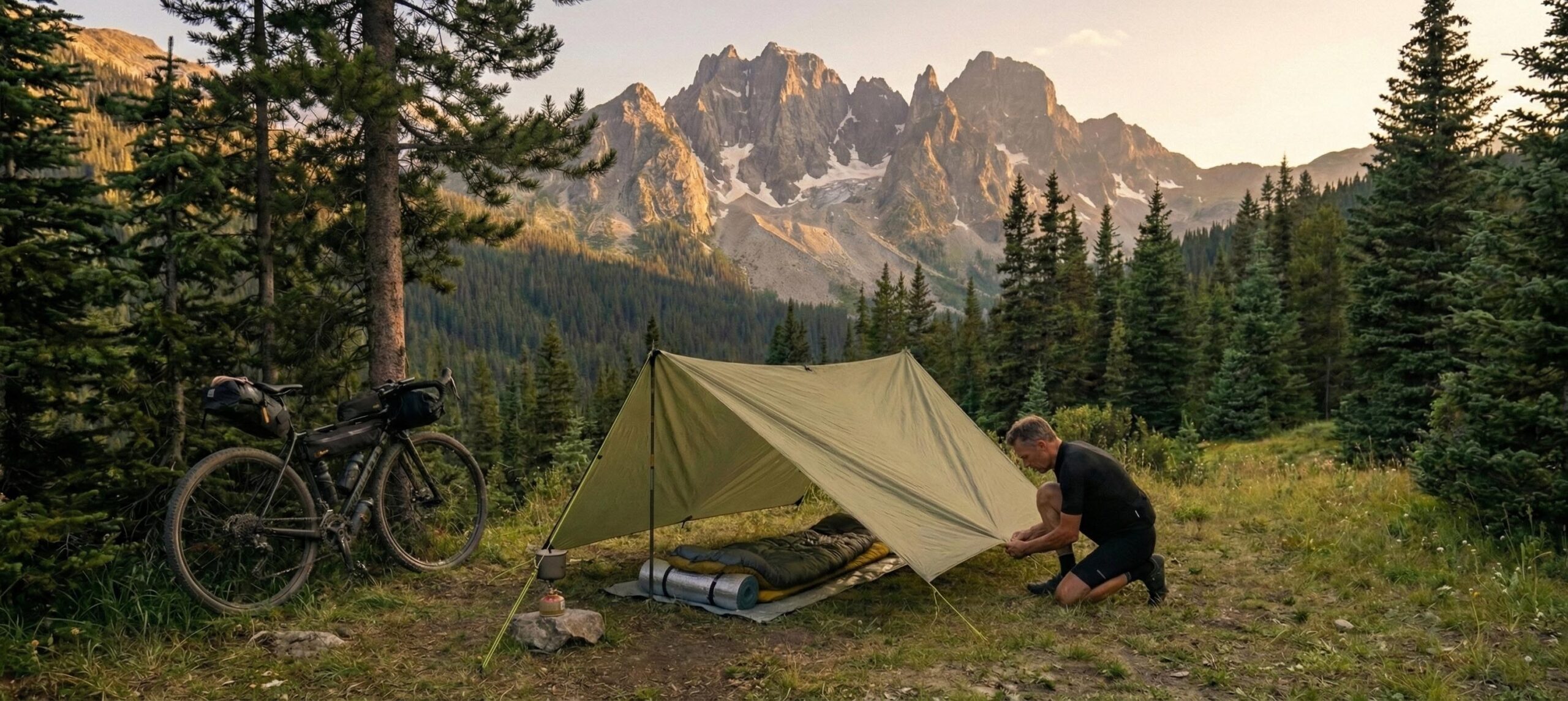 Un bikepacker en train de planter son camp pour passer la nuit en pleine nature au coeur des montagnes