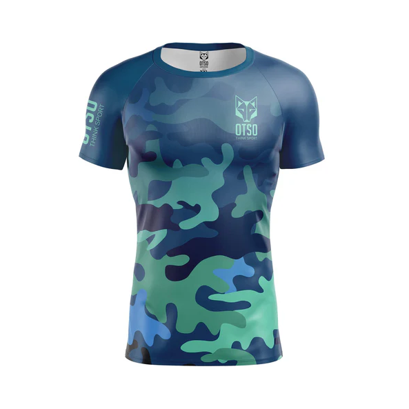 Tee Shirt Manches Courtes Homme Trail Running OTSO Couleur CAMO BLUE vu de face