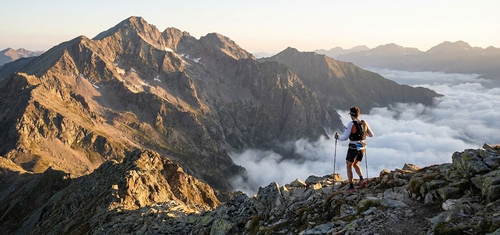 Athlète d'ultra-endurance solitaire évoluant en haute montagne, illustrant la gestion de l'effort et l'approche technique de l'aventure Off.
